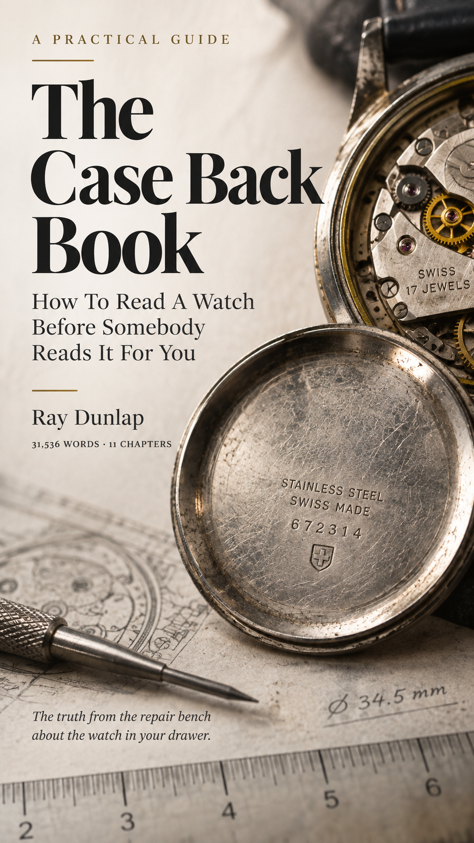 Front cover of The Case Back Book by Ray Dunlap: a watch case back stamped Stainless Steel Swiss Made resting on a workshop drawing